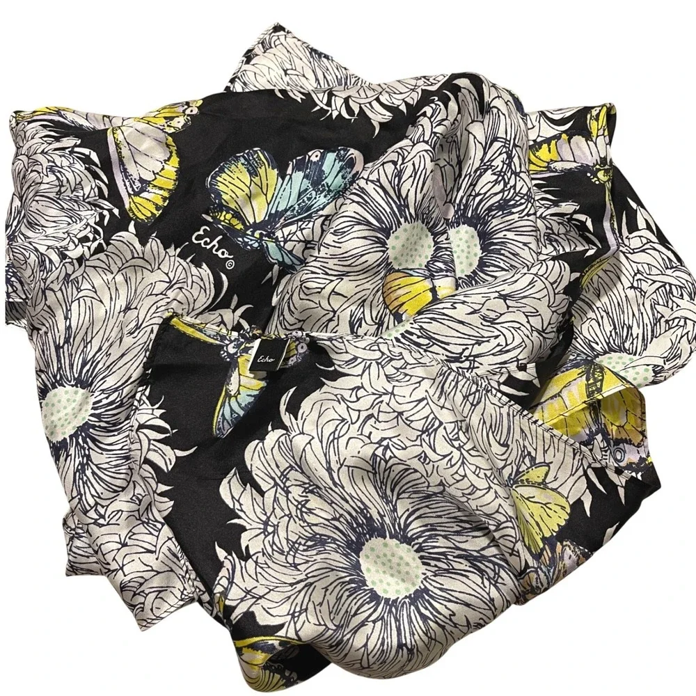 Echo Silk Scarf Butterfly Floral Print Black‎ Yellow Blue Women's Accessory